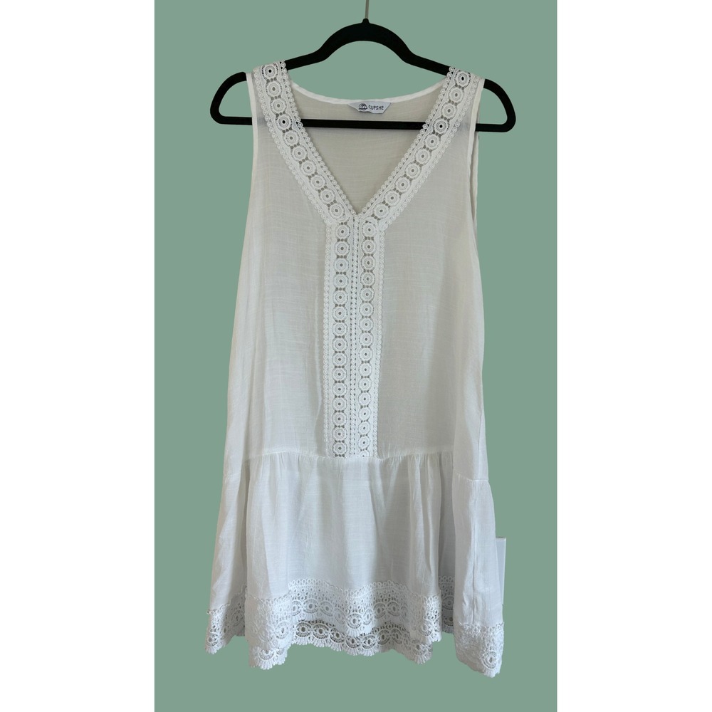 EUC Cupshe Boho Semi Sheer White Eyelet Coverup Mini Dress Drop Waist Small